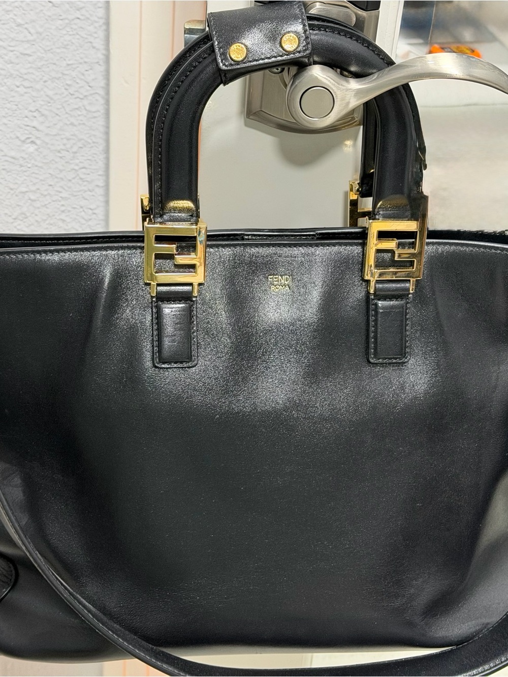 Fendi Black Leather Satchel with Gold Metalware
